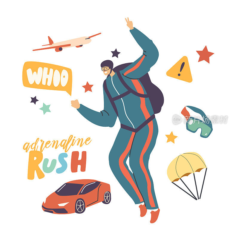 Skydiver Male Character Jumping with Parachute Soaring in Sky. Skydiving Parachuting Sport. Parachutist Fly, Adrenaline